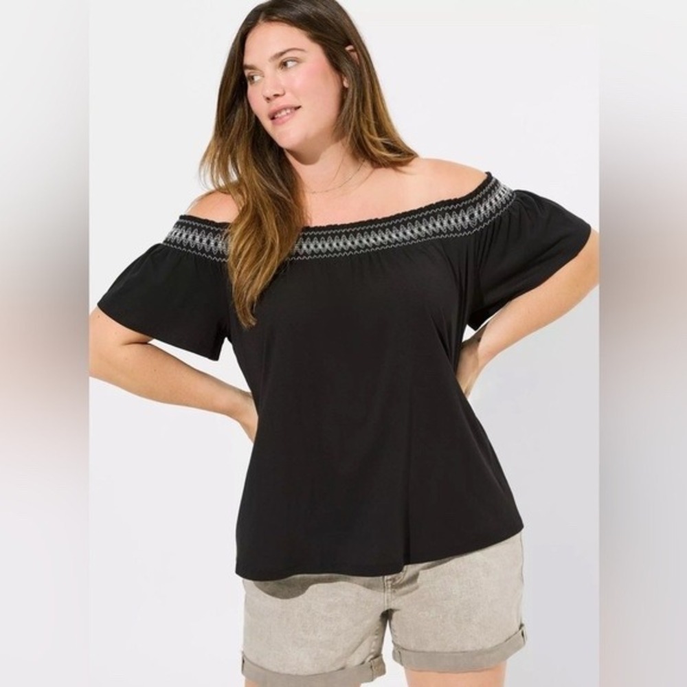 Torrid Off Shoulder Top Smocked Yoke Plus Size Blouse‎ Black 2X, NWT